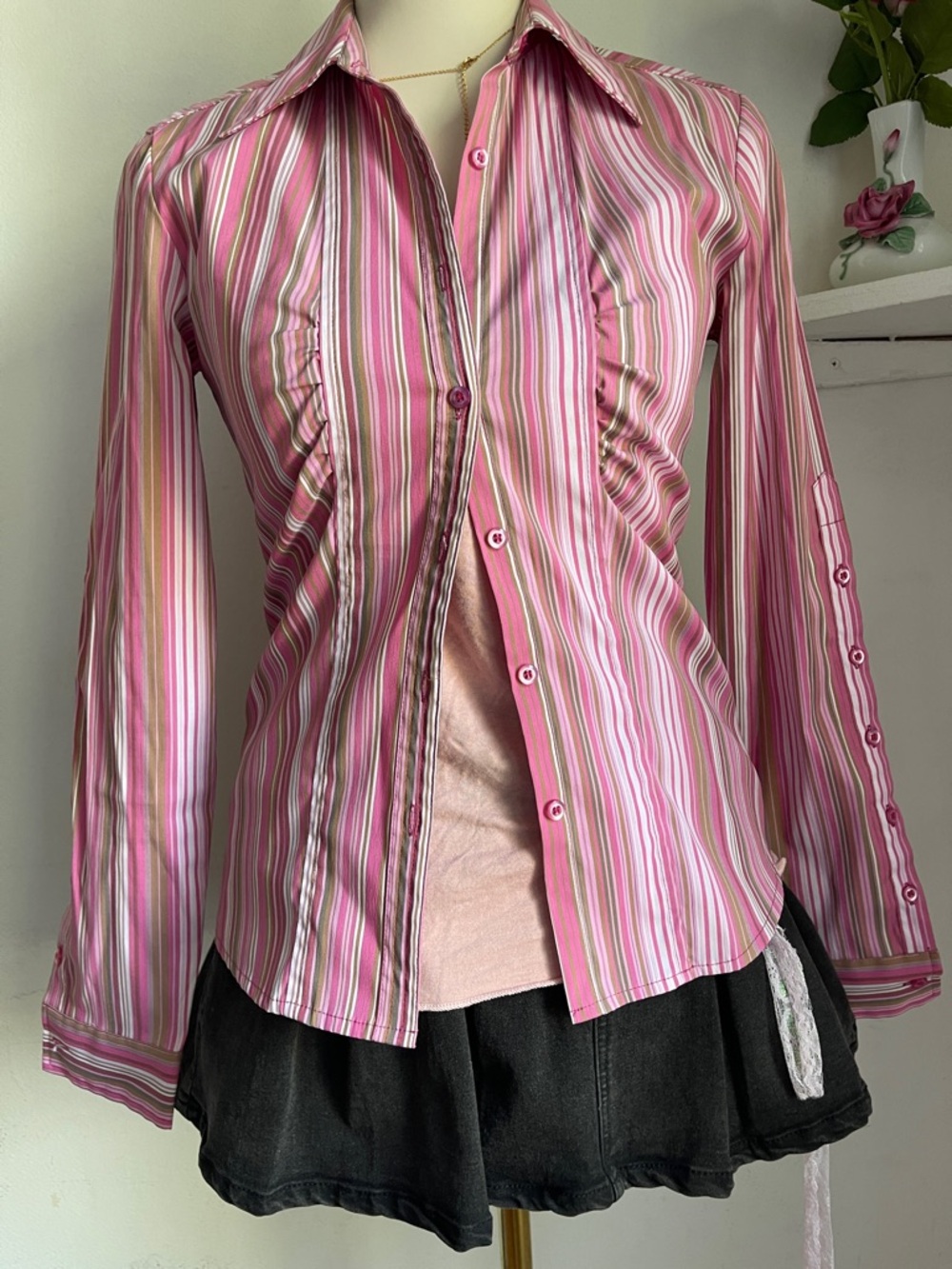 Women’s Pink Striped Button-Up Shirt - Picture 2 of 6